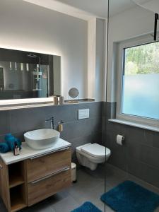 a bathroom with a sink and a toilet and a mirror at Ferienhaus Baron mit eigener Sauna in Marquartstein +17 photos