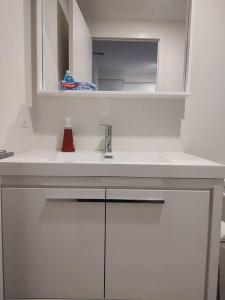 a bathroom with a white sink and a mirror at 1 Bedroom Suite - Brand New building, Double bed in Hamilton