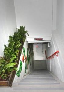 einen Flur mit Treppen mit Pflanzen an der Wand in der Unterkunft Casa Aroma Di Caffee in Yauco