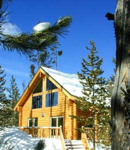 una cabaña de madera en la nieve con un árbol en The Pines at Island Park, en Island Park