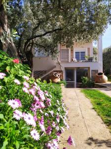 a house with pink flowers in front of it at SUN GARDEN in Skala Sotiros