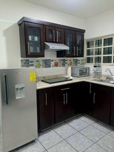 La cuisine est équipée d'un réfrigérateur blanc et de placards bruns. dans l'établissement hogar, dulce hogar 1, à Torreón