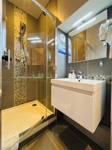 a bathroom with a sink and a shower at Castel Fleuri in Tours