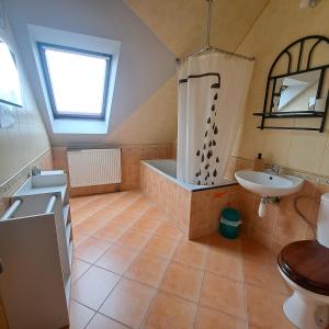 Łazienka na poddaszu z wanną i umywalką w obiekcie Noclegi Srebrna Góra w Srebrnej Górze