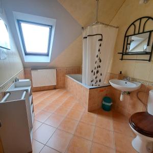 a attic bathroom with a tub and a sink at Noclegi Srebrna Góra in Srebrna Góra +21 photos