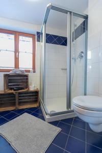 La salle de bains est pourvue d'une douche et de toilettes. dans l'établissement Zum Hecher Klausi, à Wackersberg