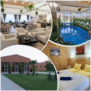 a collage of pictures of a hotel with a pool at Luby Panzió 