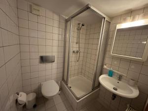 a bathroom with a shower and a toilet and a sink at Amara.Festsaal.Gasthaus.Pension in Mohorn