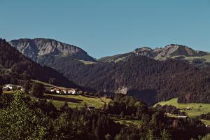 ein Tal in den Bergen mit Häusern und Bäumen in der Unterkunft L'Alpaga, a Beaumier hotel in Megève