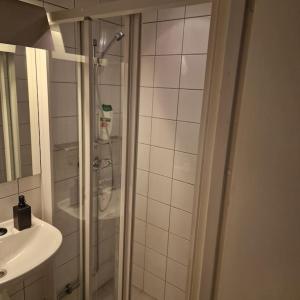 y baño con ducha y lavamanos. en Serene 1 bedroom apartment Oslo, en Oslo