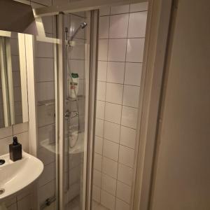 een badkamer met douche en wastafel bij Serene 1 bedroom apartment Oslo in Oslo +17 foto's