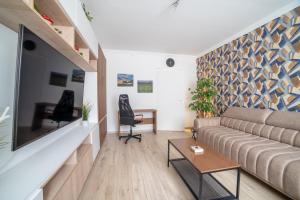 sala de estar con sofá y TV de pantalla plana en Comfort 28 B, en Miskolc