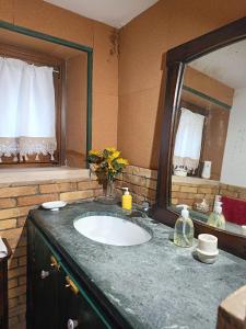 Un baño con lavabo y un espejo grande. en Taverna sul mare, en Francavilla al Mare