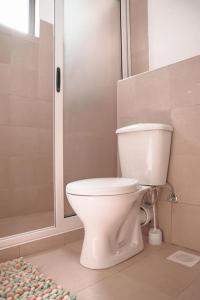 ein Badezimmer mit einem weißen WC und einer Dusche in der Unterkunft Charming Waterside Escape in Entebbe