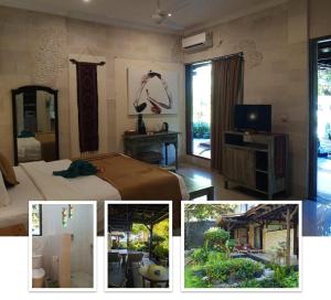 a collage of pictures of a bedroom with a bed and a television at Sea Breeze Candidasa in Candidasa