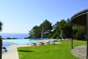- une piscine avec un bouquet de tables et de chaises dans l'établissement Res Mare e Monte Solenzara Bungalow with terrace, à Favone