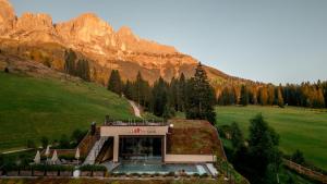 a building in a field with a mountain at Moseralm Dolomiti Spa Resort in Nova Levante