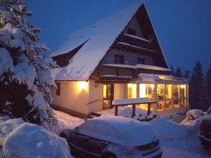 dom pokryty śniegiem w nocy w obiekcie Pine cones in the Haslehaus w mieście Feldberg