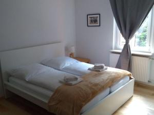 sypialnia z łóżkiem z białą pościelą i oknem w obiekcie Pine cones in the Haslehaus w mieście Feldberg