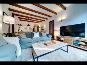 a living room with a blue couch and a flat screen tv at MOW'S SNOW LODGE BAQUEIRA de Alma de Nieve in Naut Aran