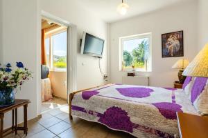 1 dormitorio con 1 cama y TV en la pared en Beachfront Haven - Peaceful Seaside Retreat, en Avía