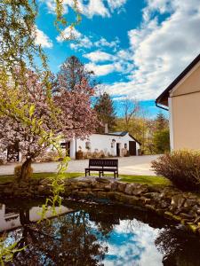 a park bench sitting next to a pond in a yard at Penzion Na Fojtství in Zašová