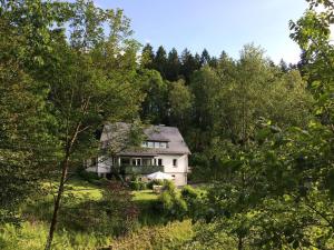 a white house in the middle of a forest at Holiday home Waldhaus am Burbach in Bad Berleburg