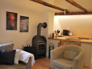 a living room with a wood stove and a chair at Chic Apartment in Thuringia with Sauna in Hamma