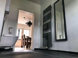a bathroom with a sink and a mirror at Moselle-side apartments in Mehring +32 photos