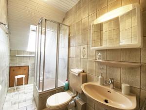 ein Bad mit einem WC, einem Waschbecken und einer Dusche in der Unterkunft Haus Wiesenweg - Apartment 1 in Wangerland