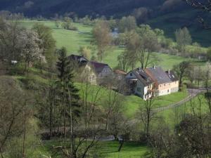 una casa su una collina in un campo verde di Holiday apartment Heller a Braunsbach