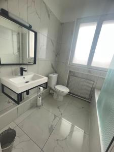 bagno bianco con lavandino e servizi igienici di Chez Ca&Ro, Apt lumineux entre ville et mer a Dunkerque