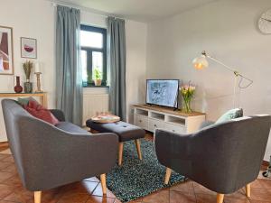 a living room with two chairs and a television at Comfortable apartment in quaint holiday village in Barlin