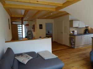 a living room with a blue couch and a kitchen at Holiday apartment Kieschtock in Unterkirnach