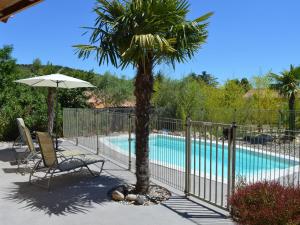 オリロルにあるCozy Villa in Sampzon with Swimming Poolのヤシの木とスイミングプールの横の椅子