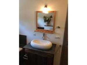 a bathroom with a sink and a mirror on a counter at Holiday apartment wellness & relaxation in Wunsiedel