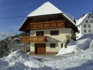 a house with snow on the roof and a balcony at Pleasant holiday home with balcony in Seelgut