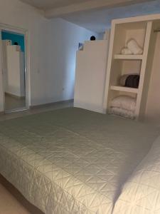 - une chambre avec un lit et un grand lit avec des étagères dans l'établissement Casa del sol, à San José del Cabo