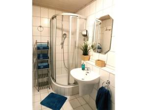 baño blanco con ducha y lavamanos en Crystal holiday home en Sankt Englmar