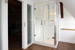 eine Dusche mit Glastür im Bad in der Unterkunft Holiday home Birgit Wendorf in Wendorf