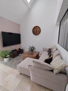 ein Wohnzimmer mit einem Sofa und einem Flachbild-TV in der Unterkunft The Cosy Holiday House - au calme avec jardin in Lisses