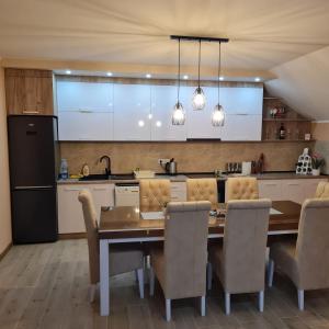 a kitchen with a wooden table and a dining room at Apartman Dalmacija in Ečka