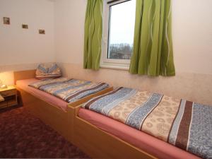 two beds in a room with a window and green curtains at Apartments Spreewaldperle Alt Zauche in Alt Zauche