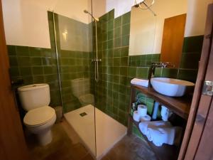 y baño con aseo, lavabo y ducha. en Yeguada Senillosa - Turismo Rural, en Castelló d'Empúries