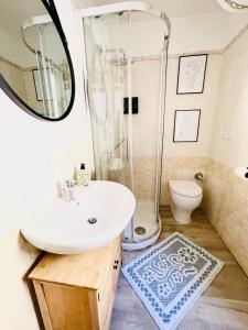 ein Bad mit einem Waschbecken, einer Dusche und einem WC in der Unterkunft Lovely Turano in Valle Verde