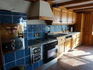 eine Küche mit blau gefliesten Wänden und Holzschränken in der Unterkunft Apartment in the Waxenegg country house in Sulzberg
