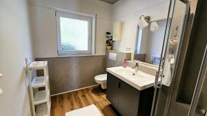 a bathroom with a sink and a toilet and a window at Ferienwohnungen Krüger 'Apartment Marina' in Gammelsbach +13 photos