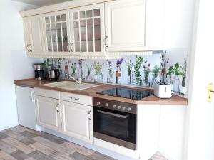 a kitchen with white cabinets and a counter with plants at Holiday Home in idyllic Ziesar near the Natuurpark in Gladau