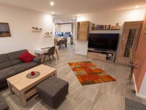 a living room with a couch and a flat screen tv at North Sea holiday home Zinnäcker in Almdorf