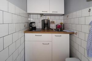 uma pequena cozinha com armários brancos e um lavatório em Holiday house at the Vilzsee Mirow em Diemitz